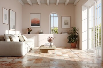 Elegant living room interior with natural light sofa and decorative elements