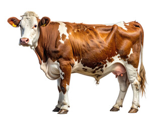 Brown and white bovine isolated on a black background, facing forward