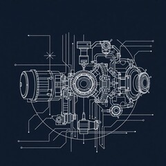 Blueprint of Mechanical Marvel: Detailed and precise technical drawing of a complex machinery, showcasing intricate engineering.
