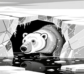 Polar bear emerging from icy water with curious expression in monochrome background