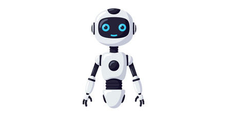 A cartoon robot stands white with black trim featuring blue eyes and a simple smile