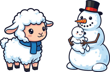 Cute fluffy sheep wearing scarf and adorable snowman holding baby snow child cartoon winter season vector illustration for holiday design