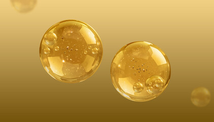 Yellow bubbles on a gold background. 3d rendering, 3d illustration.