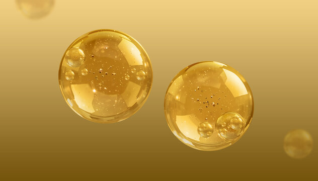 Yellow bubbles on a gold background. 3d rendering, 3d illustration.