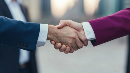 Diverse people shaking hands showing inclusivity and non binary representation in business agreement outdoors