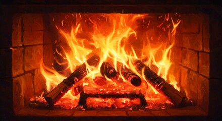 Bright Burning Logs in a Cozy Fireplace with Roaring Flames and Glowing Embers. Warm Home Ambiance and Comfort.