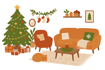 Fototapeta premium Cozy Christmas living room interior. Festive home decoration set. Xmas tree, cat, sofa, gifts. Hygge winter holiday scene. Cute flat vector illustration isolated elements.