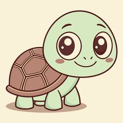 Adorable Cartoon Turtle Illustration with Big Eyes and a Cheerful Smile Depicted on a Light Beige Background