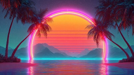 Colorful Neon Sunset Through Glowing Arch With Palm Trees