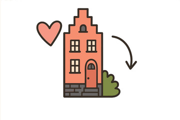 House plus love equals home vector concept. Cute Dutch canal house illustration. Home sweet home. Real estate, property, new home, moving day, housewarming greeting card.