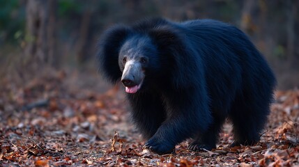 A sloth bear walking through the forest with its tongue slightly sticking out in natural light