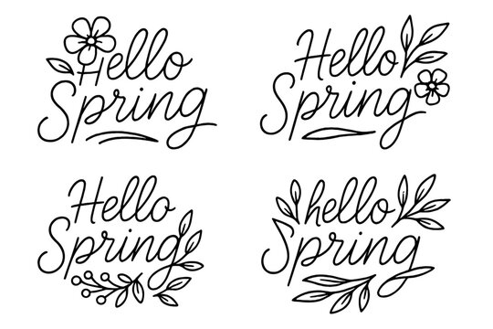 Hello Spring lettering set. Hand drawn calligraphy typography collection for seasonal greeting card or postcard. Outline floral graphic design element with flower and leaves vector.