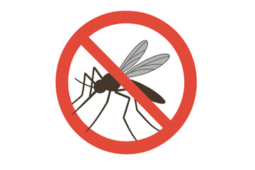 No mosquito sign with red prohibition circle. Stop insect icon for pest control. Protection from diseases like malaria, zika, dengue. Gnat and midge warning vector.