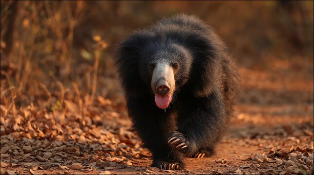 A sloth bear walking towards the camera with its tongue out in a forest environment outdoors