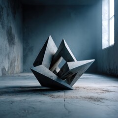 Modern abstract geometric sculpture made of concrete in an empty industrial space with natural lighting