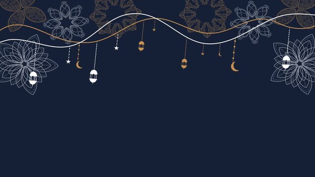 Dark blue arabesque floral border with golden lanterns