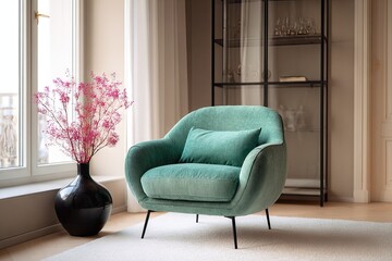 Elegant living room interior with teal armchair and pink floral arrangement