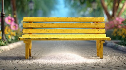 Yellow Wooden Park Bench In A Spring Garden