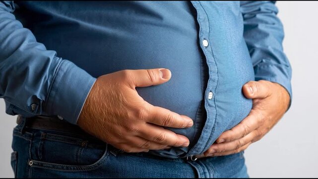Close-up of overweight man holding his stomach, concept of obesity, belly fat, health risks, and weight management challenges 