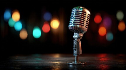 Vintage Microphone On Stage With Bokeh Lights
