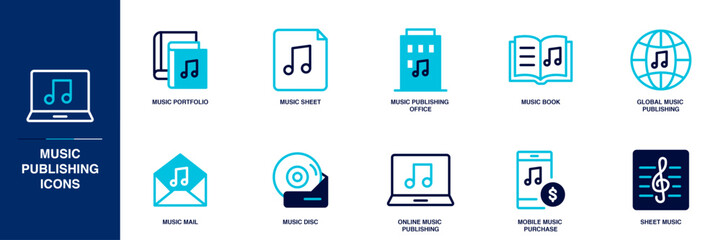 Music Publishing Blue Colored Outline Icon Set