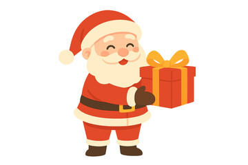 Happy Santa Claus character holding a Christmas gift. Cute cartoon vector illustration for winter holidays. Cheerful Father Frost giving a present box with a bow. Isolated design element.