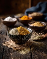 Colorful Spices In Bowls On Wooden Table