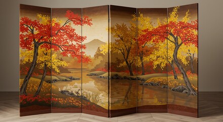 Vibrant Autumn Landscape Painting on a Traditional Multi-Panel Folding Screen Room Divider, Interior Decor
