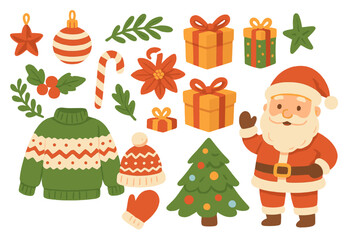 Christmas elements collection. Holiday clipart set with Santa Claus, gift box, pine tree, ugly sweater, and winter clothes. Xmas festive cartoon vector illustrations.