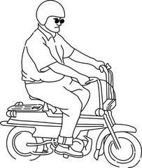 Man Riding Moped with Helmet and Sunglasses - Line Art Illustration