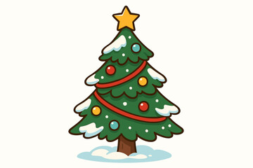 Christmas tree vector cartoon isolated on white. Snowy decorated pine for Xmas holiday celebration. Festive winter graphic with star and ornaments for greeting card design.