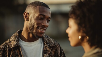 Cinematic textured film captures two people enjoying a conversation during golden hour in an urban setting