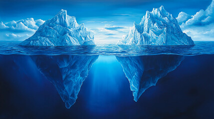 Fototapeta premium A serene depiction of icebergs above and below water, showcasing the beauty and depth of the ocean landscape.