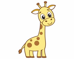 Adorable Giraffe Cartoon Character with Big Eyes and a Sweet Smile Standing Tall on a White Background