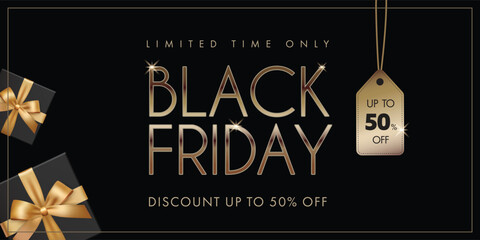 Black Friday banner with golden letters, shopping tag and gift boxes. Vector illustration.
