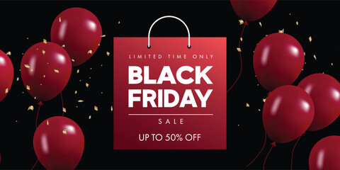 Black Friday Sale Banner with red balloons. Vector illustration	