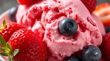 Sweet Berry Dream: A close-up view of vibrant scoops of pink ice cream adorned with an array of fresh, juicy strawberries and blueberries, offering a refreshing and delightful treat.
