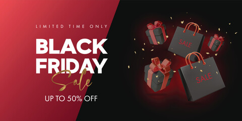 Black Friday Sale Banner with shopping bags and gift boxes. Vector illustration	