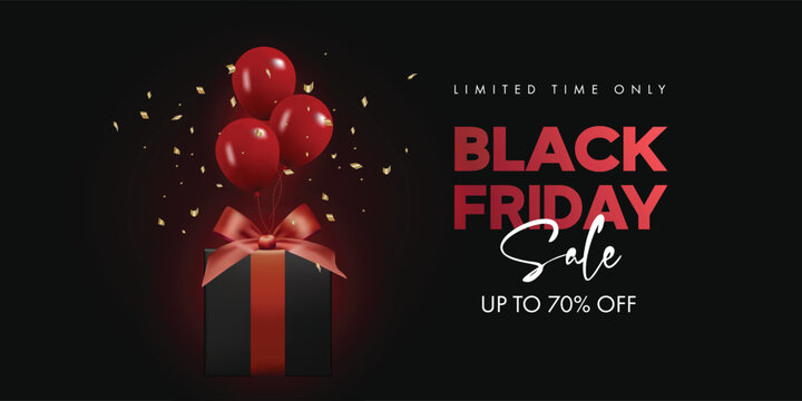 Black Friday Sale Banner with gift box and red balloons. Vector illustration	 - Powered by Adobe