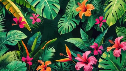 Naklejka premium Vibrant tropical foliage and bright hibiscus flowers create stunning jungle pattern