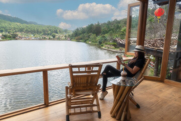 Lifestyle traveler women happy feeling good relax and freedom facing . Travel Concept