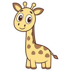 Cartoon Giraffe with Big Eyes Standing Adorably on White Background, a Cheerful and Childlike Illustration of a Classic Animal