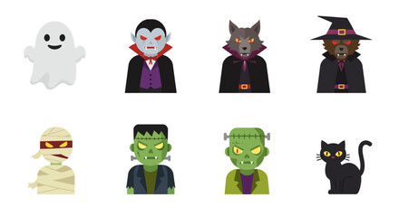 A sleek flat design vector illustration presenting 8 modern and abstract Halloween icons, perfect for contemporary digital projects. This collection utilizes geometric forms and a sophisticated.