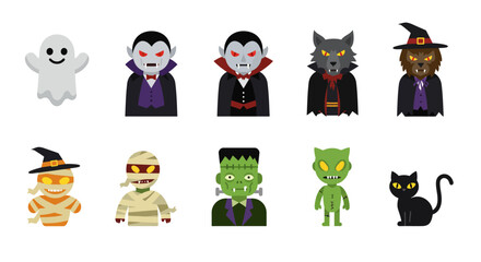 A sleek flat design vector illustration presenting 8 modern and abstract Halloween icons, perfect for contemporary digital projects. This collection utilizes geometric forms and a sophisticated.