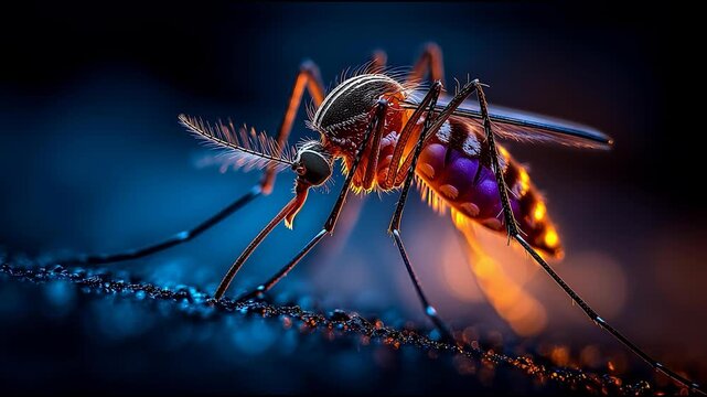 Close-up macro photography of a mosquito feeding, with detailed body structure and glowing abdomen, symbolizing disease transmission, malaria, dengue, and healthcare research. 