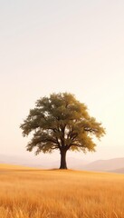 Obraz premium Solitary tree standing tall in a golden wheat field under a serene, hazy sky evoking peace and tranquility