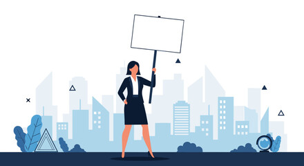 Obraz premium A woman stands in front of a city skyline holding a blank protest sign.