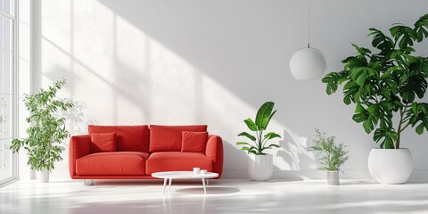 A minimalist living room with a red sofa, potted plants, and large windows, featuring a white wall and a hanging lamp.