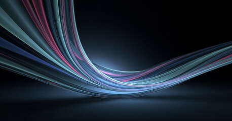 Abstract glowing flowing light trails in blue, white, and pink across a dark background, creating a futuristic motion effect with digital depth.