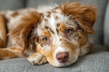 Close-Up of Australian Shepherd Puppy Resting Head on Couch, Evoking Pet Adoption and Animal Companionship With a Focus on Breed Characteristics : Generative AI